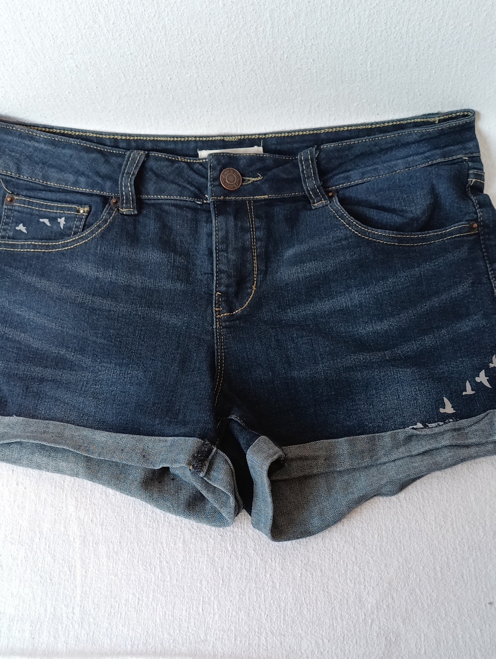 Navy Denim Shorts with Bird Print